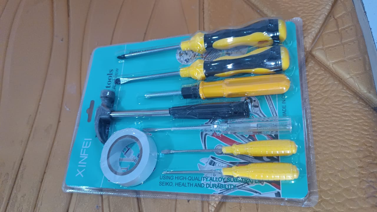 8 In 1 Hand Tool Kit, Steel And Plastic Hammer, Screwdriver & Tape 8 In 1 Hand Tool Kit, Steel And Plastic Hammer, Screwdriver & Tape